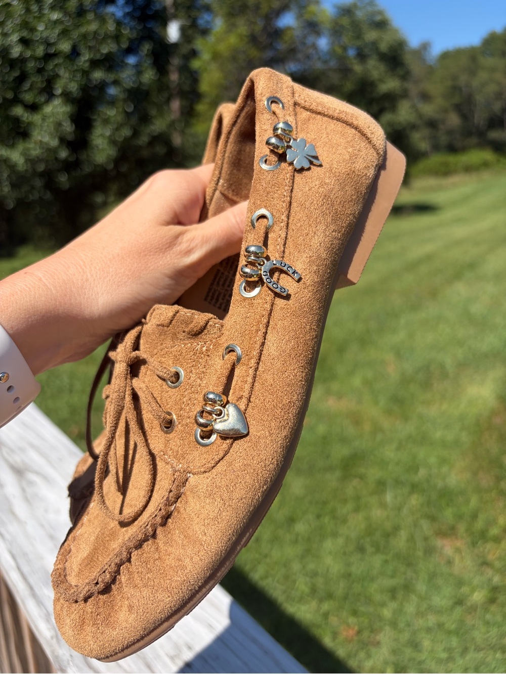 No Boundaries Women's Brown Faux Suede Slip-On Moccasin Flats Fringe Beaded Sz 7